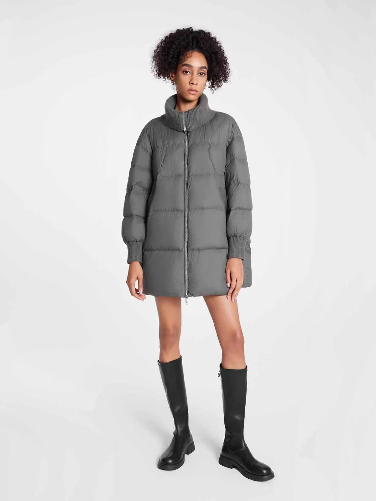 ASOBIO Knit Collar Mid-Length A-Line Down Jacket