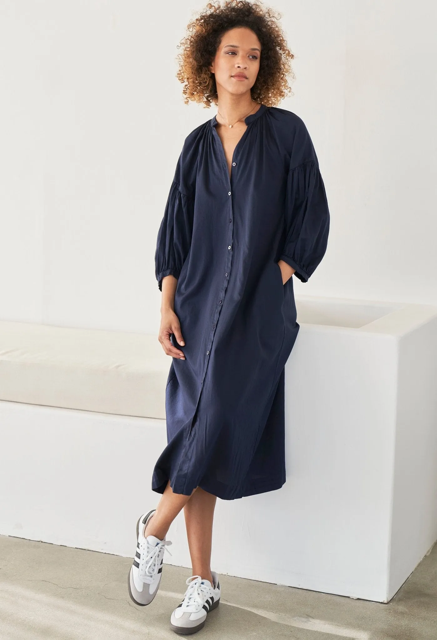 Aubrey Navy Cotton Belted Peasant Dress with Pockets - Sale