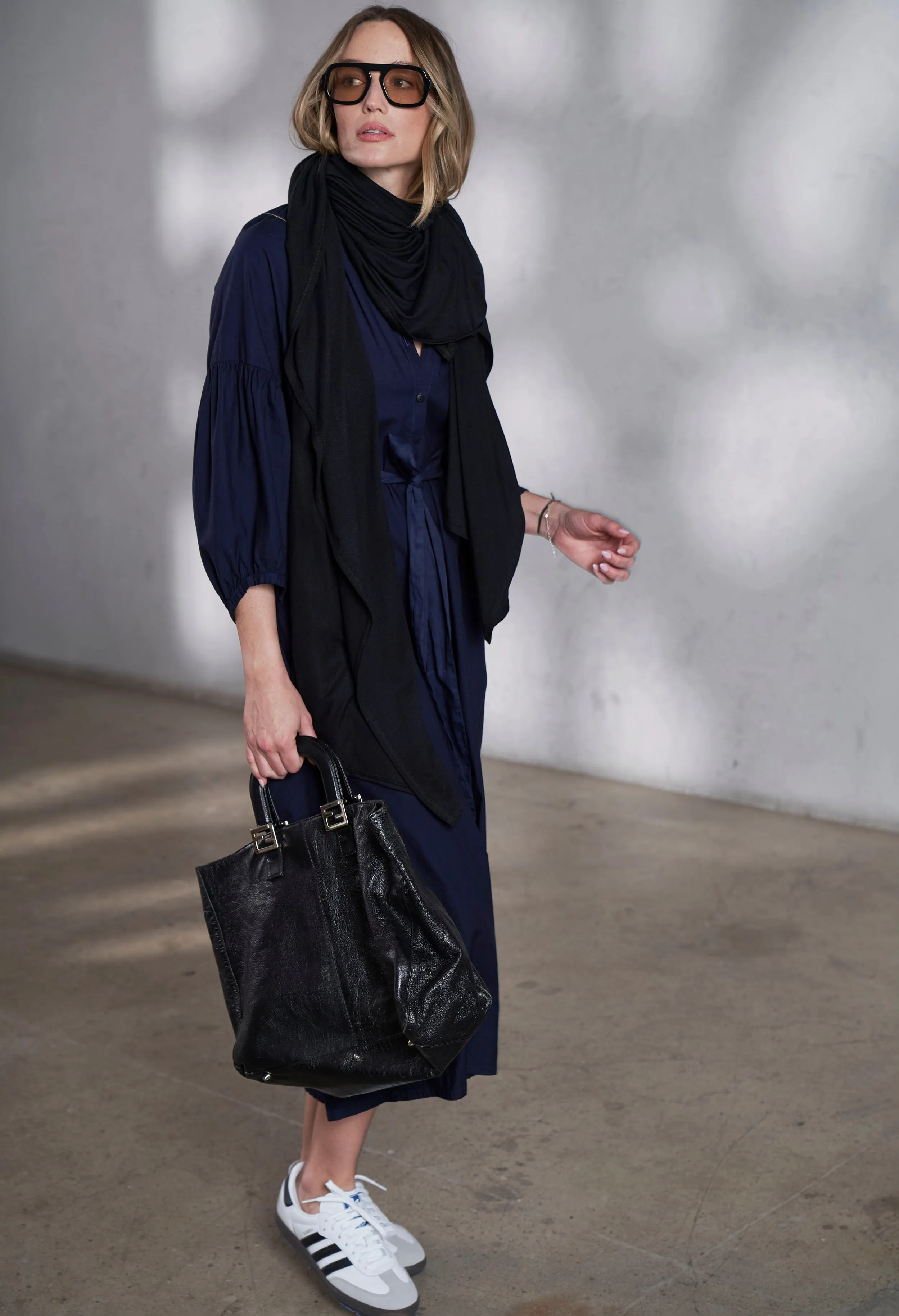 Aubrey Navy Cotton Belted Peasant Dress with Pockets - Sale