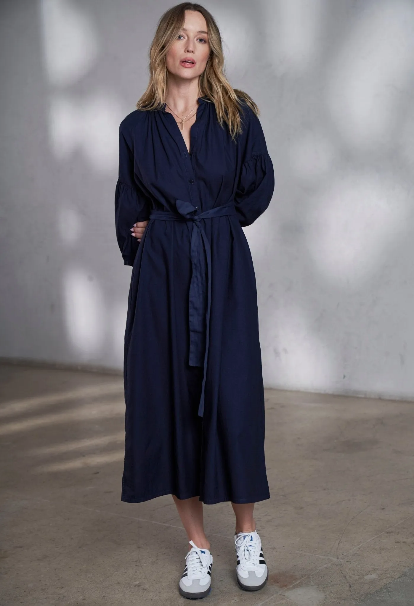 Aubrey Navy Cotton Belted Peasant Dress with Pockets - Sale