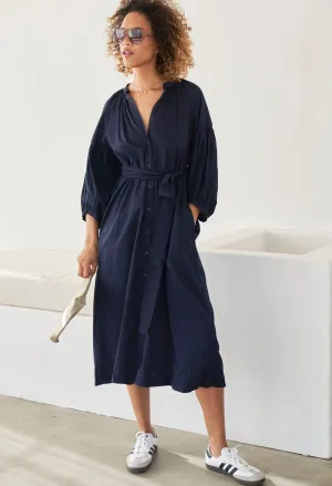 Aubrey Navy Cotton Belted Peasant Dress with Pockets - Sale