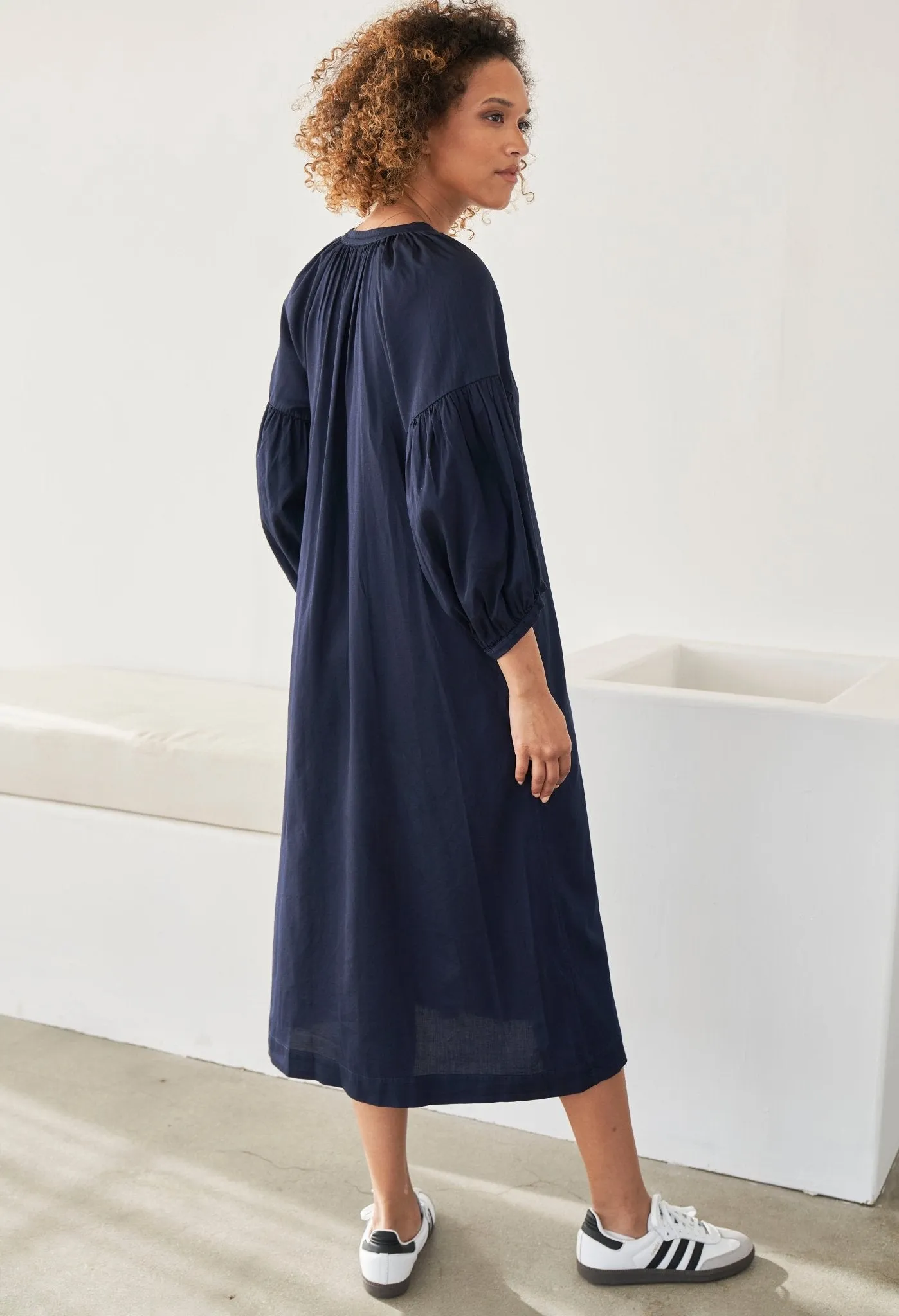 Aubrey Navy Cotton Belted Peasant Dress with Pockets - Sale