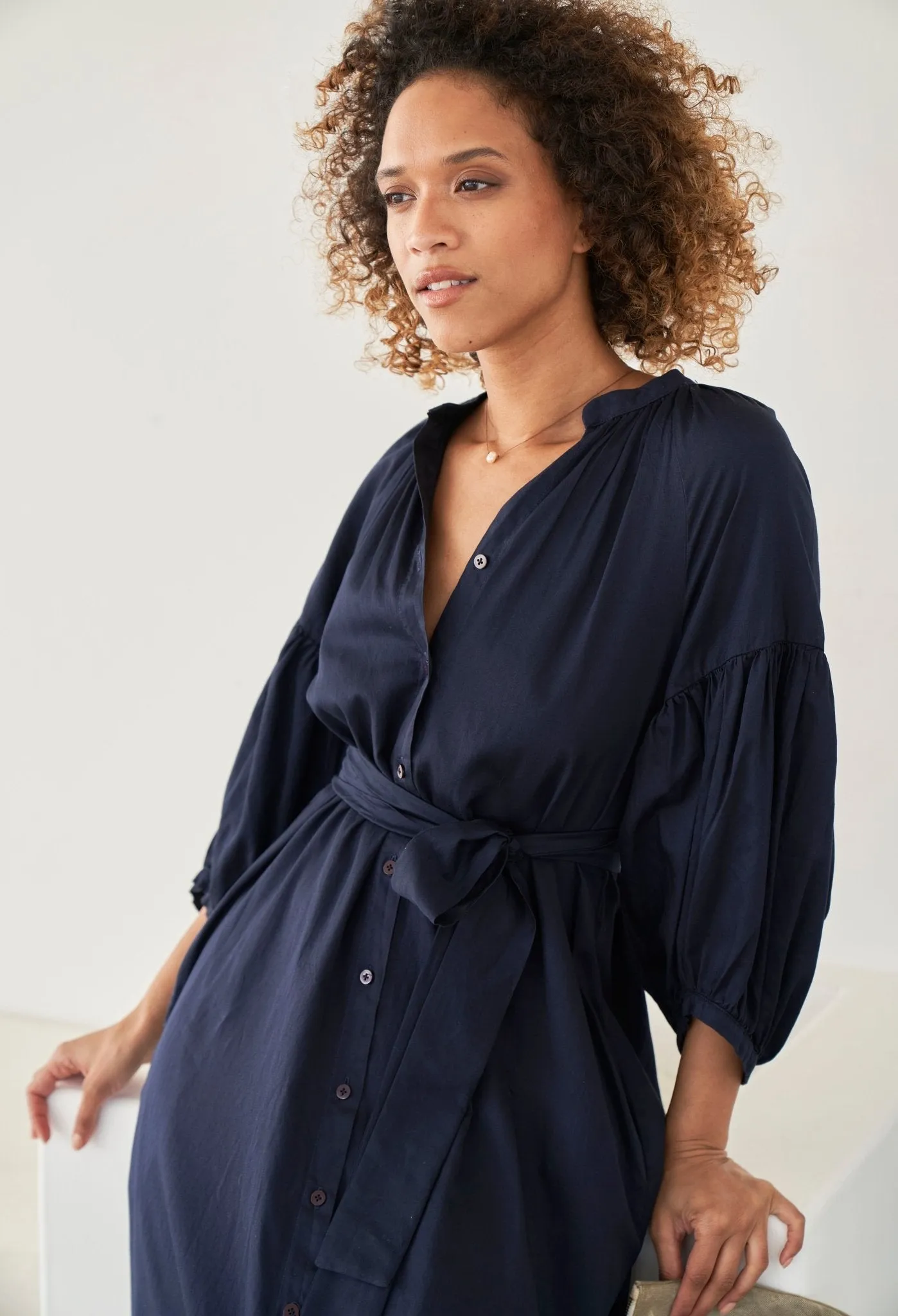 Aubrey Navy Cotton Belted Peasant Dress with Pockets - Sale