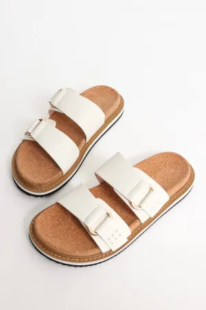 Bambi Elegant White Double Leather Slide Sandals