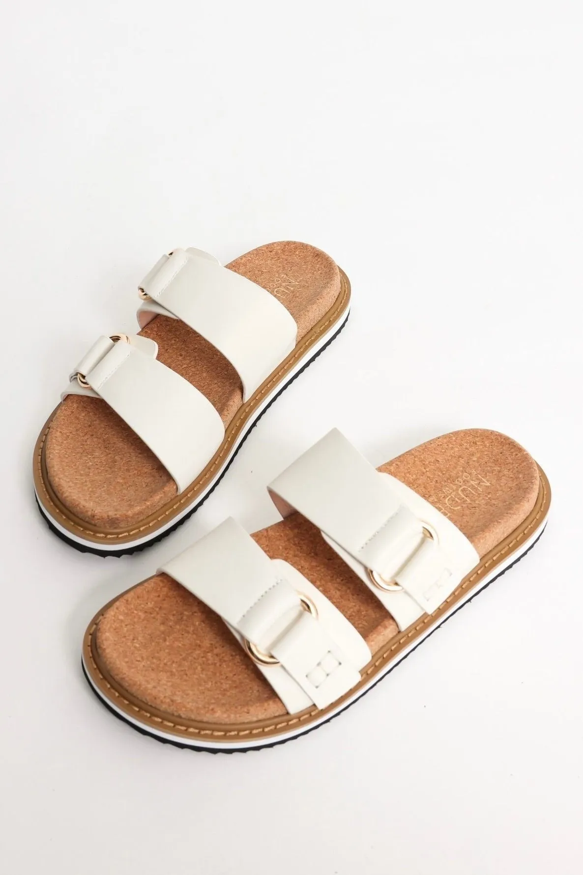 Bambi Elegant White Double Leather Slide Sandals