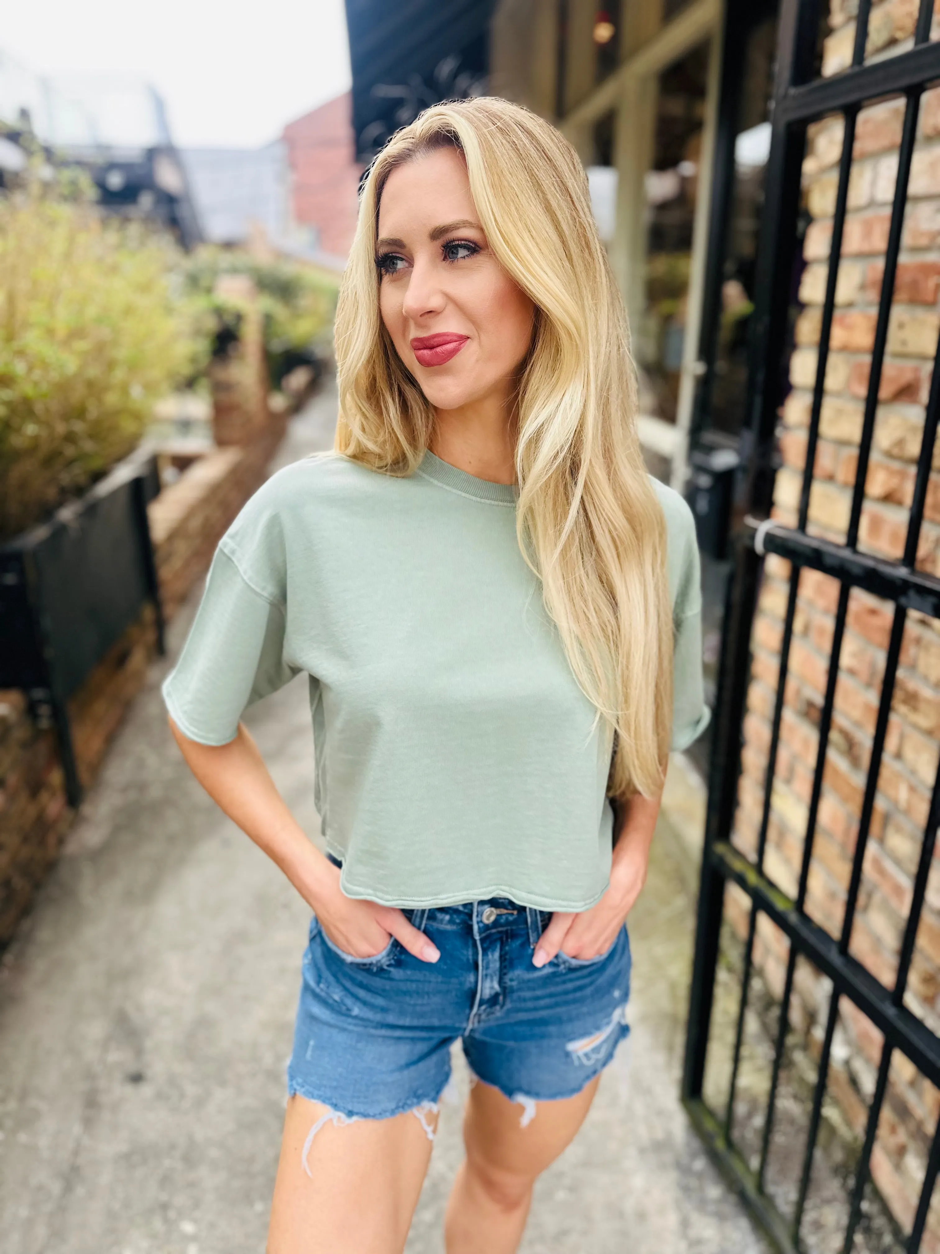 Basic Boxy Cropped Tee- Sage Green