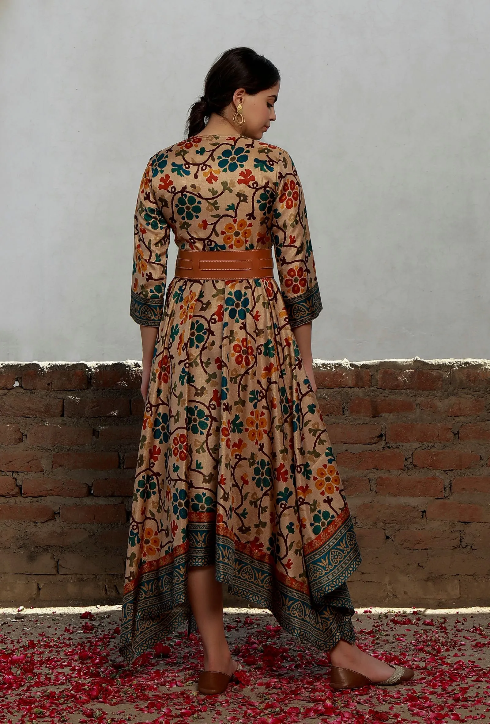 Elegant Beige Kalamkari Printed Cotton Silk Asymmetrical Dress for Women