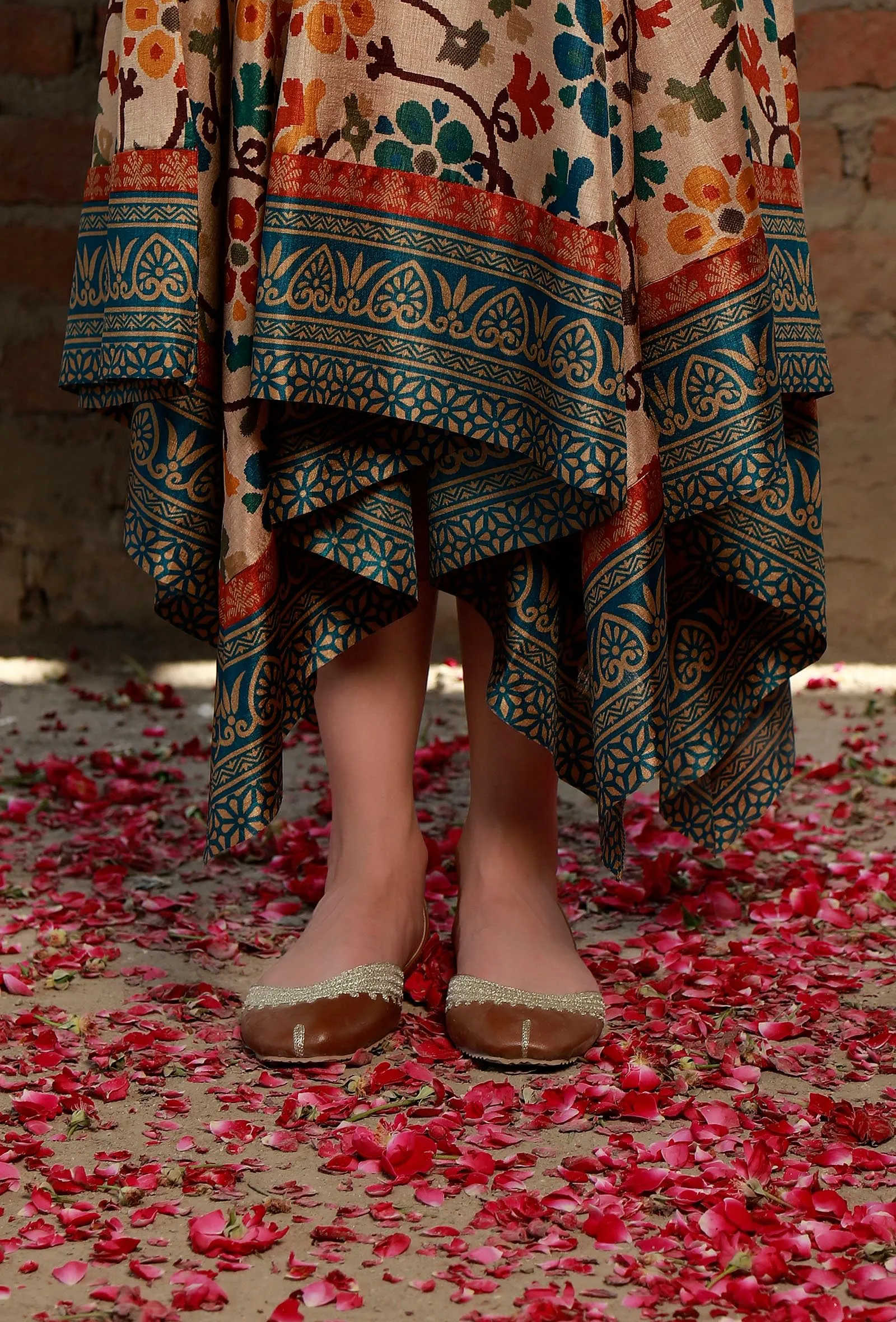 Elegant Beige Kalamkari Printed Cotton Silk Asymmetrical Dress for Women