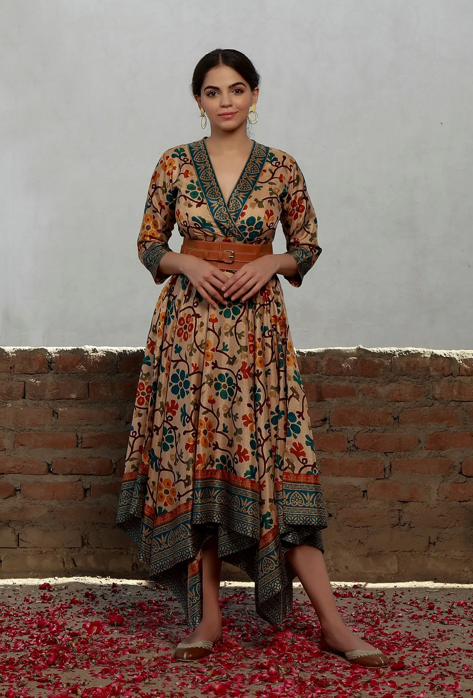Elegant Beige Kalamkari Printed Cotton Silk Asymmetrical Dress for Women