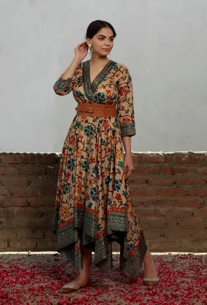 Elegant Beige Kalamkari Printed Cotton Silk Asymmetrical Dress for Women
