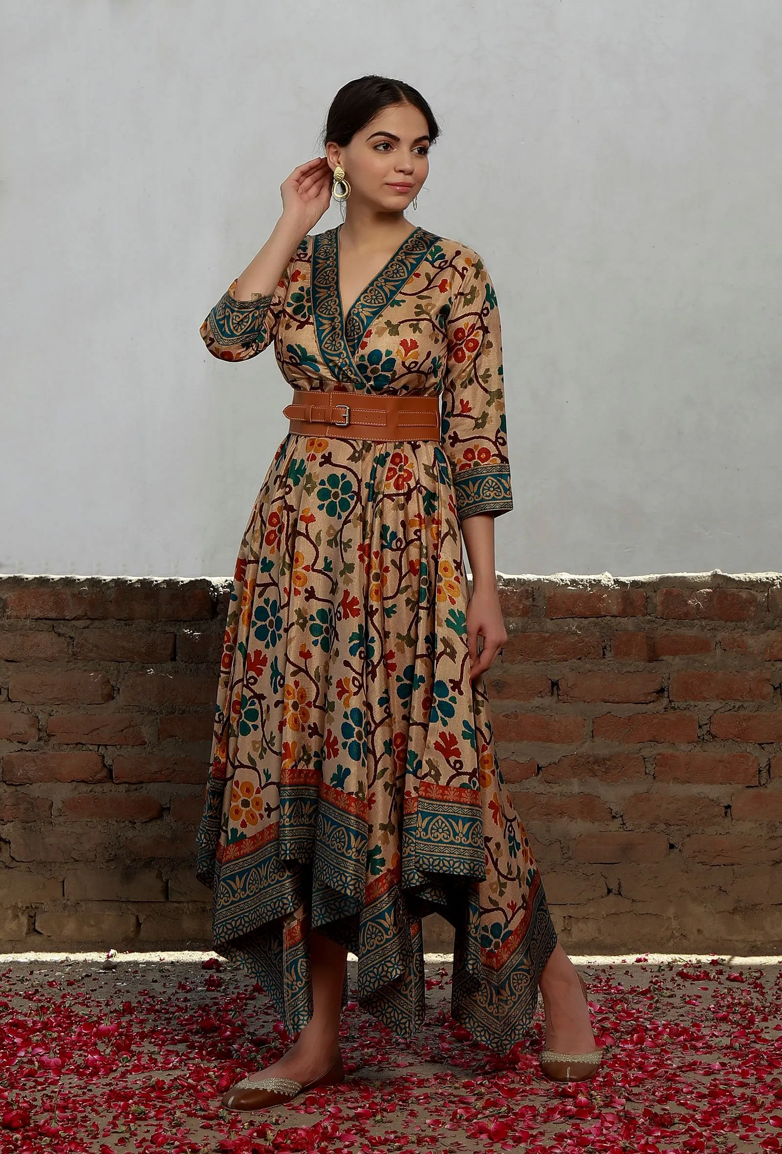 Elegant Beige Kalamkari Printed Cotton Silk Asymmetrical Dress for Women