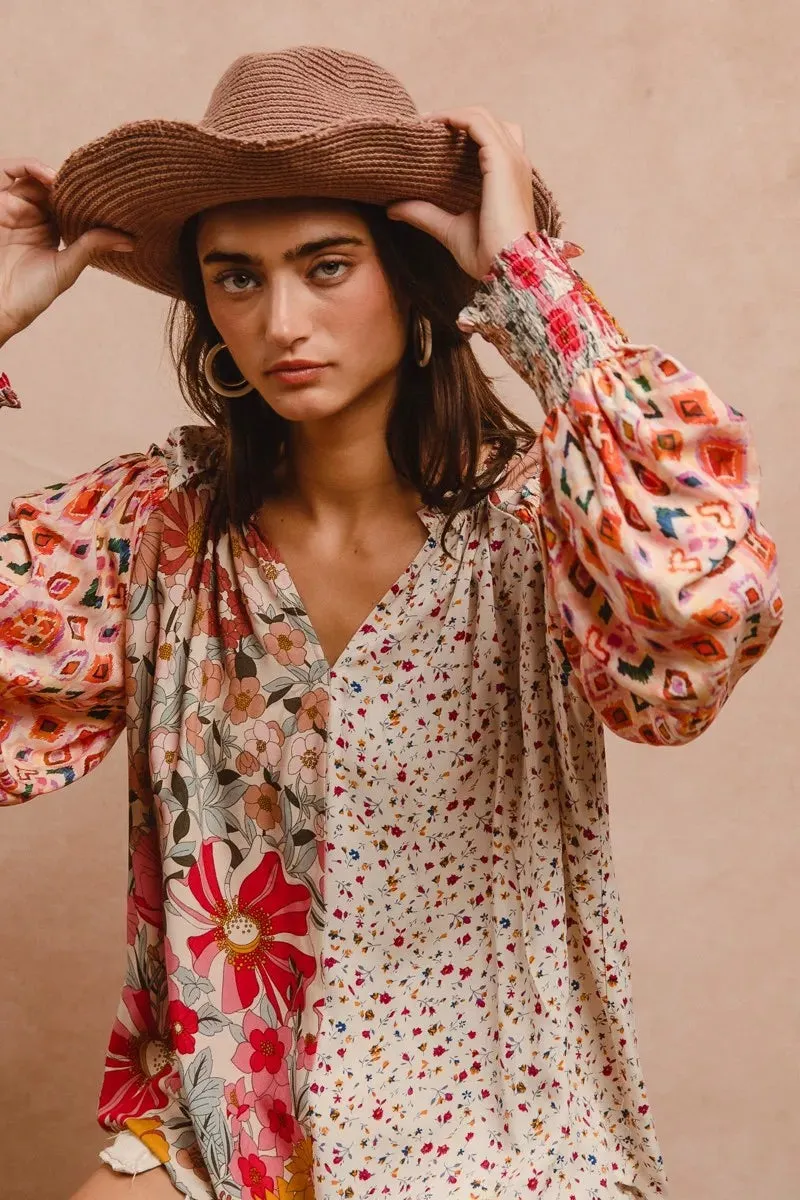 BiBi Floral Print Mix And Match Long Sleeve Peasant Top