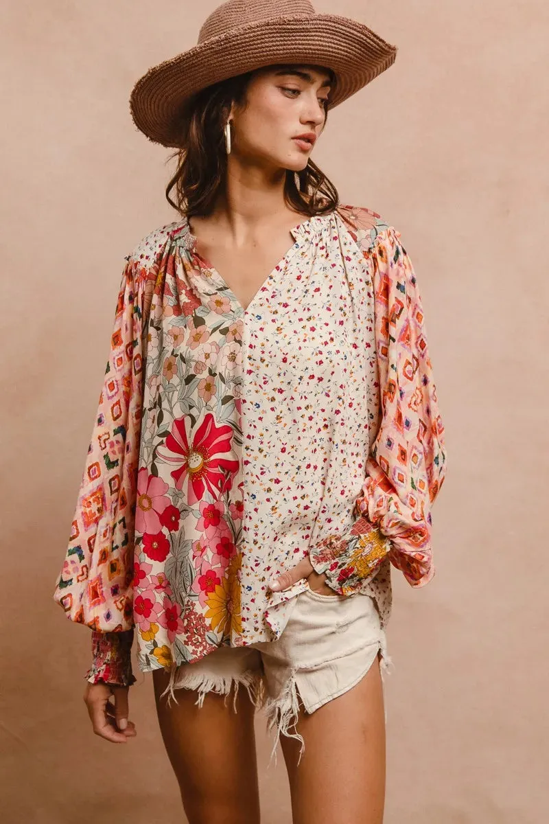 BiBi Floral Print Mix And Match Long Sleeve Peasant Top