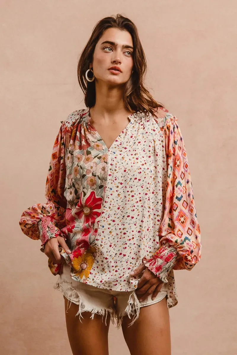 BiBi Floral Print Mix And Match Long Sleeve Peasant Top