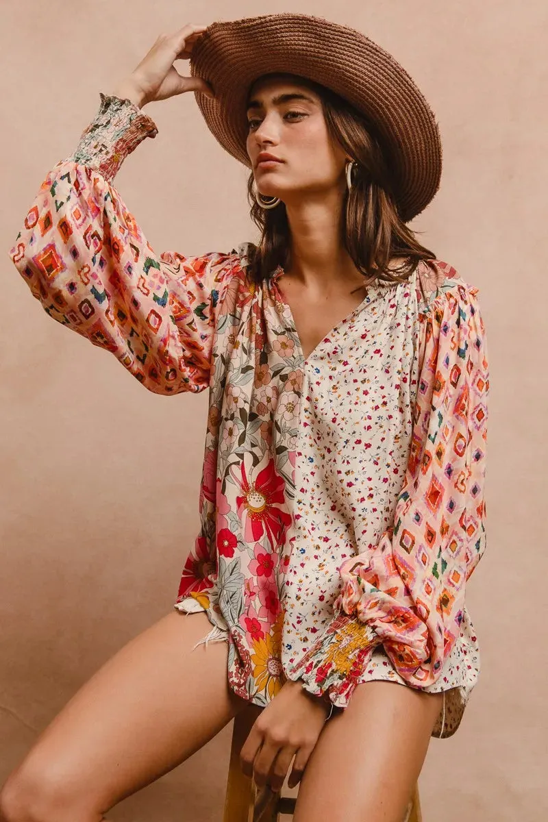 BiBi Floral Print Mix And Match Long Sleeve Peasant Top