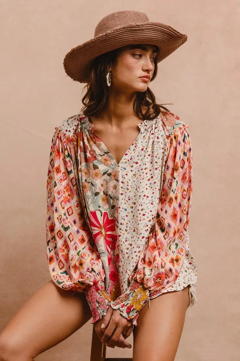 BiBi Floral Print Mix And Match Long Sleeve Peasant Top