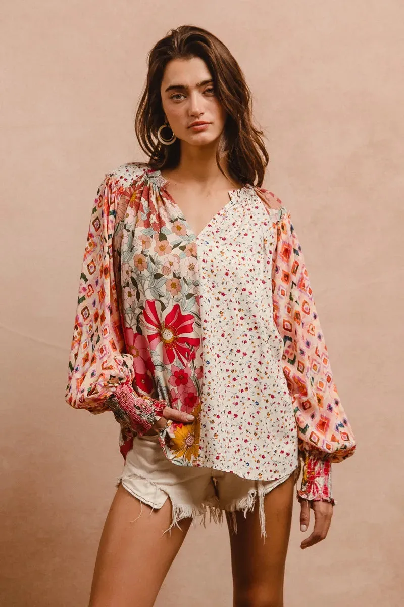 BiBi Floral Print Mix And Match Long Sleeve Peasant Top