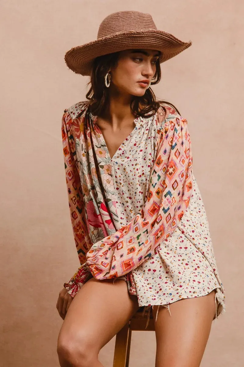 BiBi Floral Print Mix And Match Long Sleeve Peasant Top
