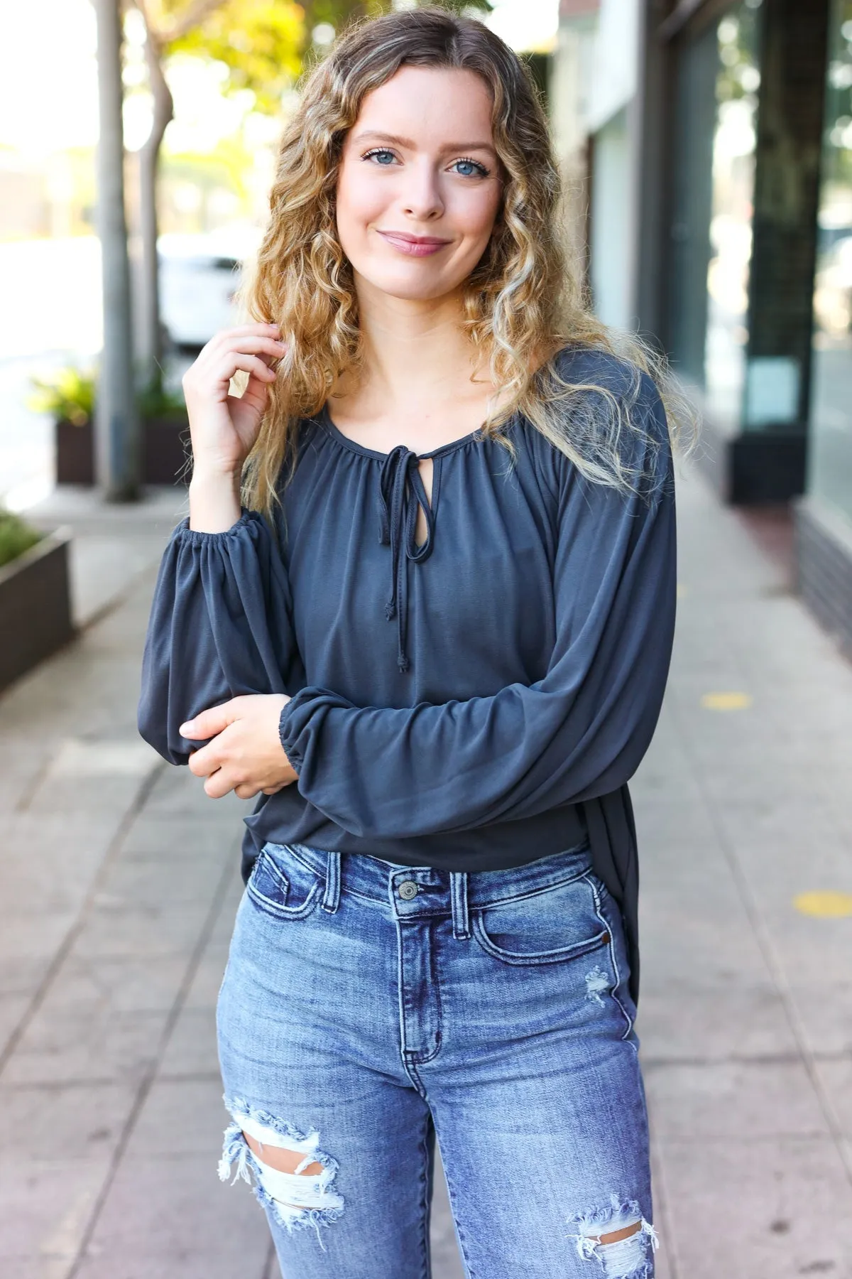 Charcoal Front Tie Modal Knit Peasant Top