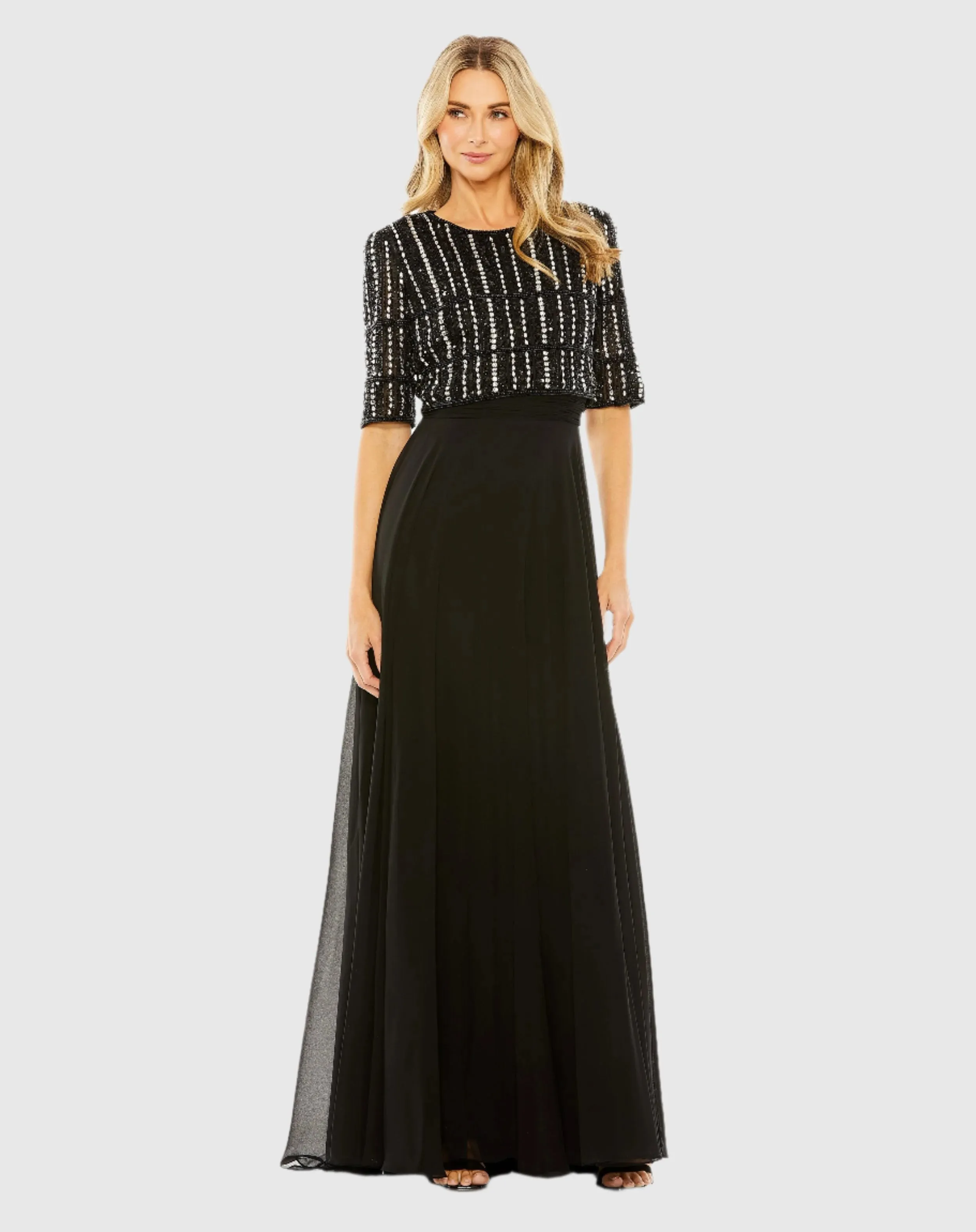 Elegant Fully Beaded 3/4 Sleeve Chiffon Gown with Exquisite Detail