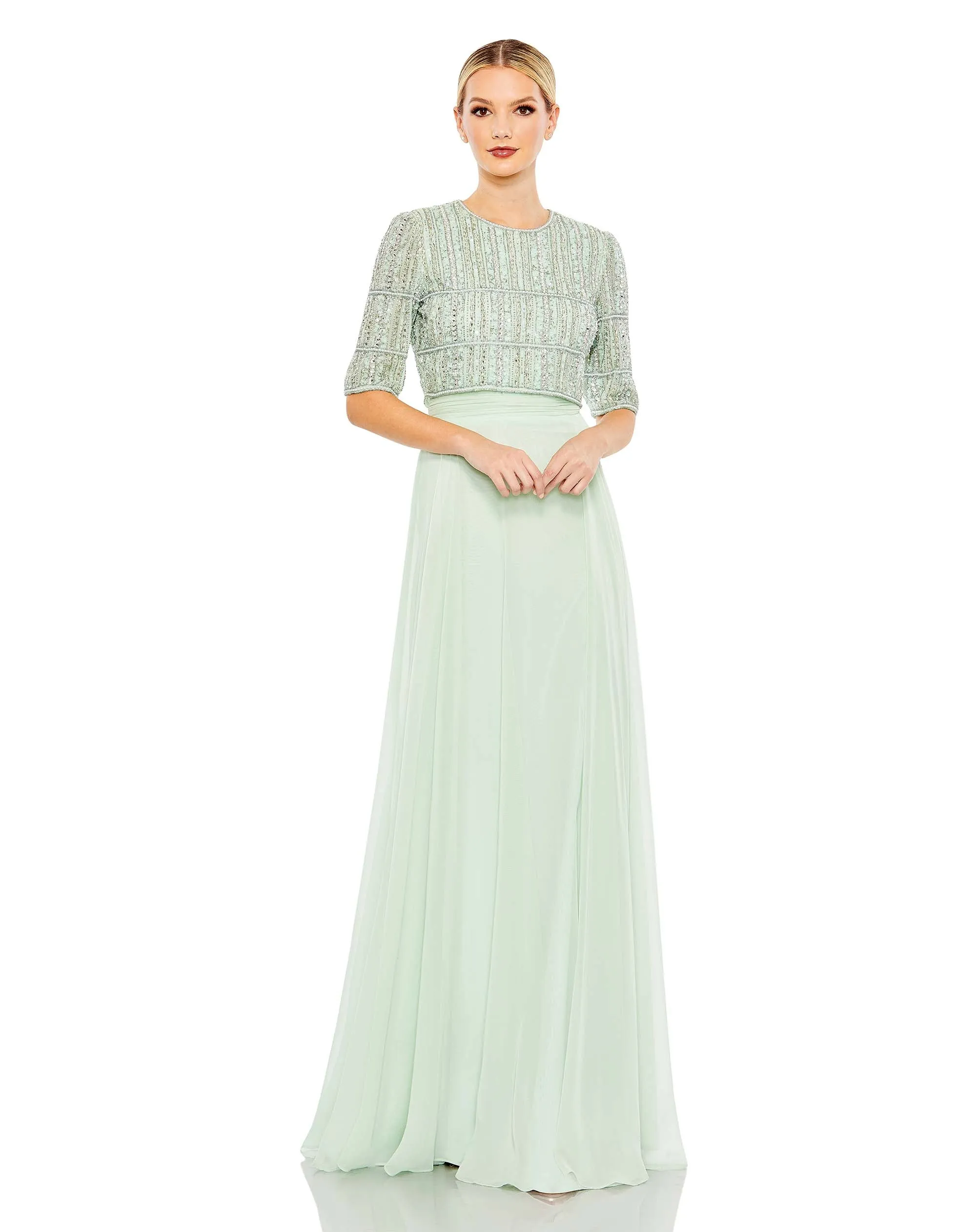 Elegant Fully Beaded 3/4 Sleeve Chiffon Gown with Exquisite Detail