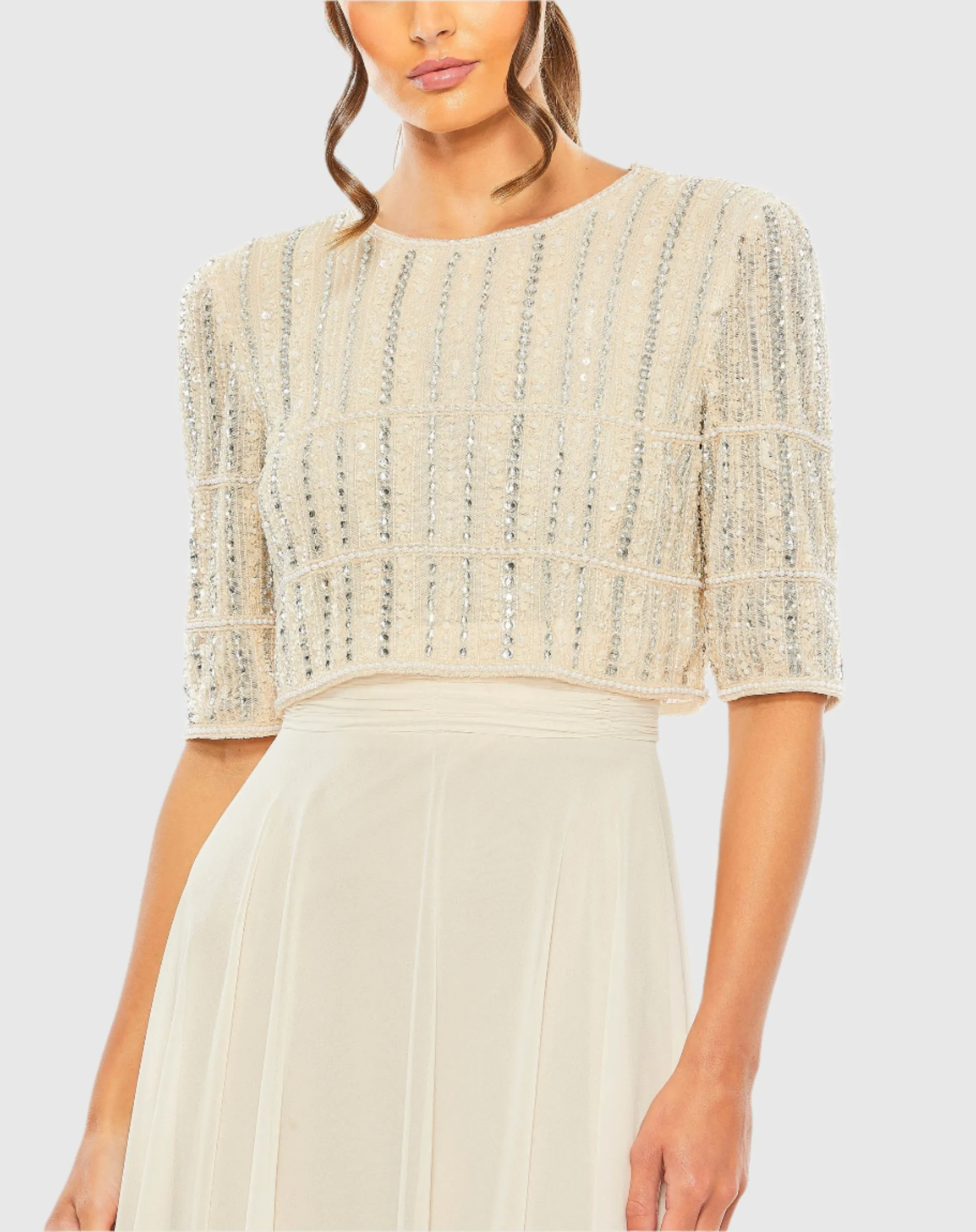 Elegant Fully Beaded 3/4 Sleeve Chiffon Gown with Exquisite Detail