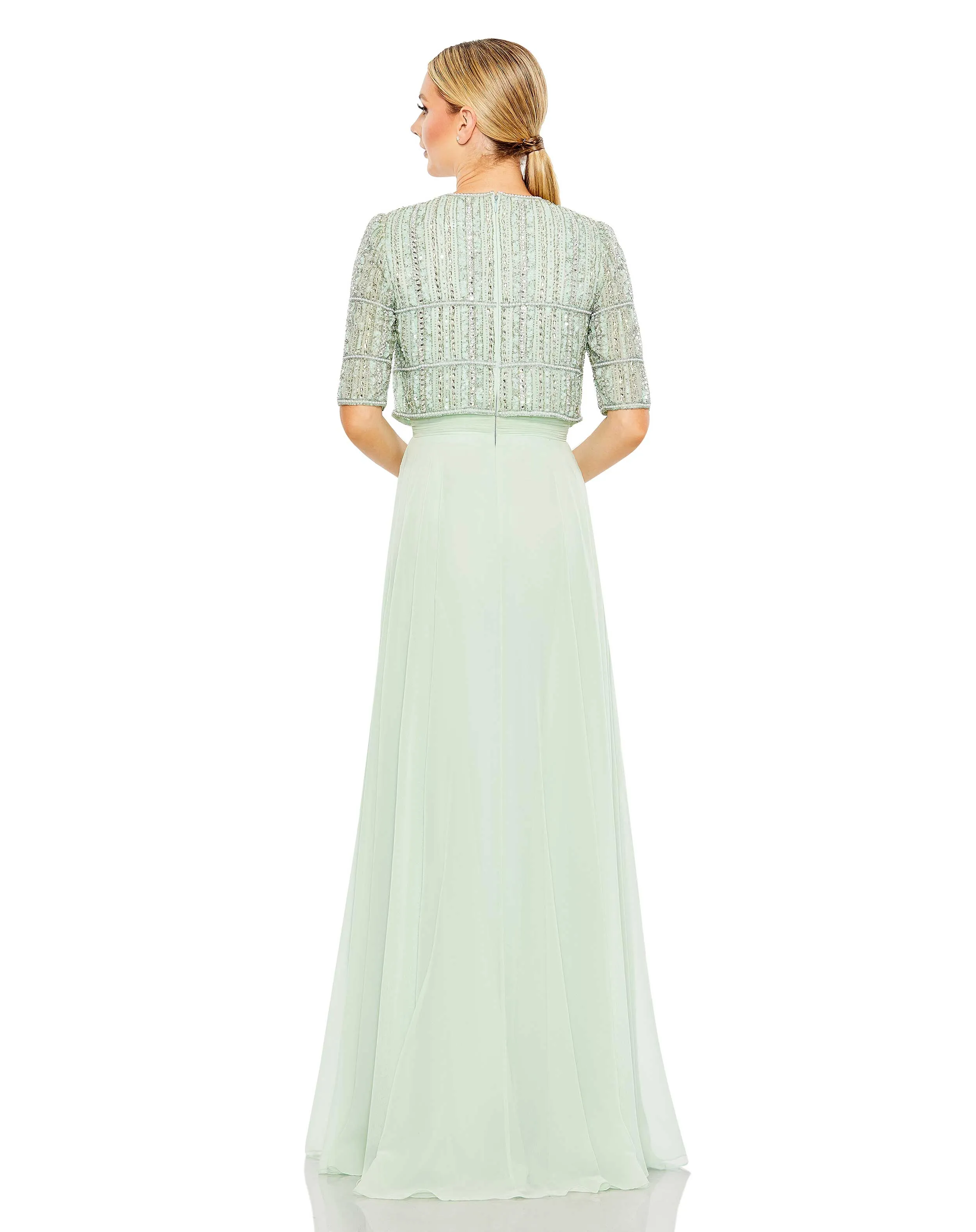Elegant Fully Beaded 3/4 Sleeve Chiffon Gown with Exquisite Detail
