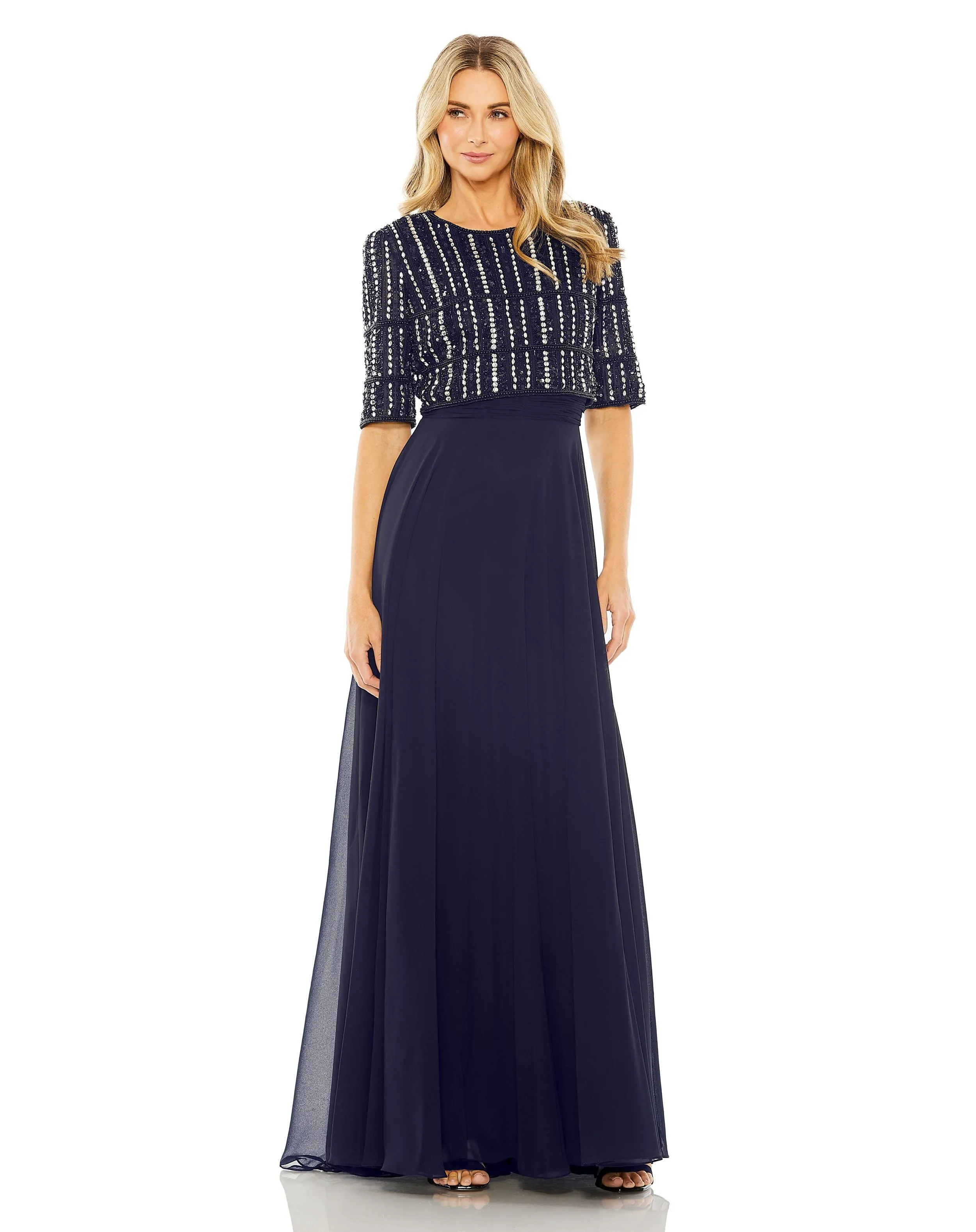 Elegant Fully Beaded 3/4 Sleeve Chiffon Gown with Exquisite Detail