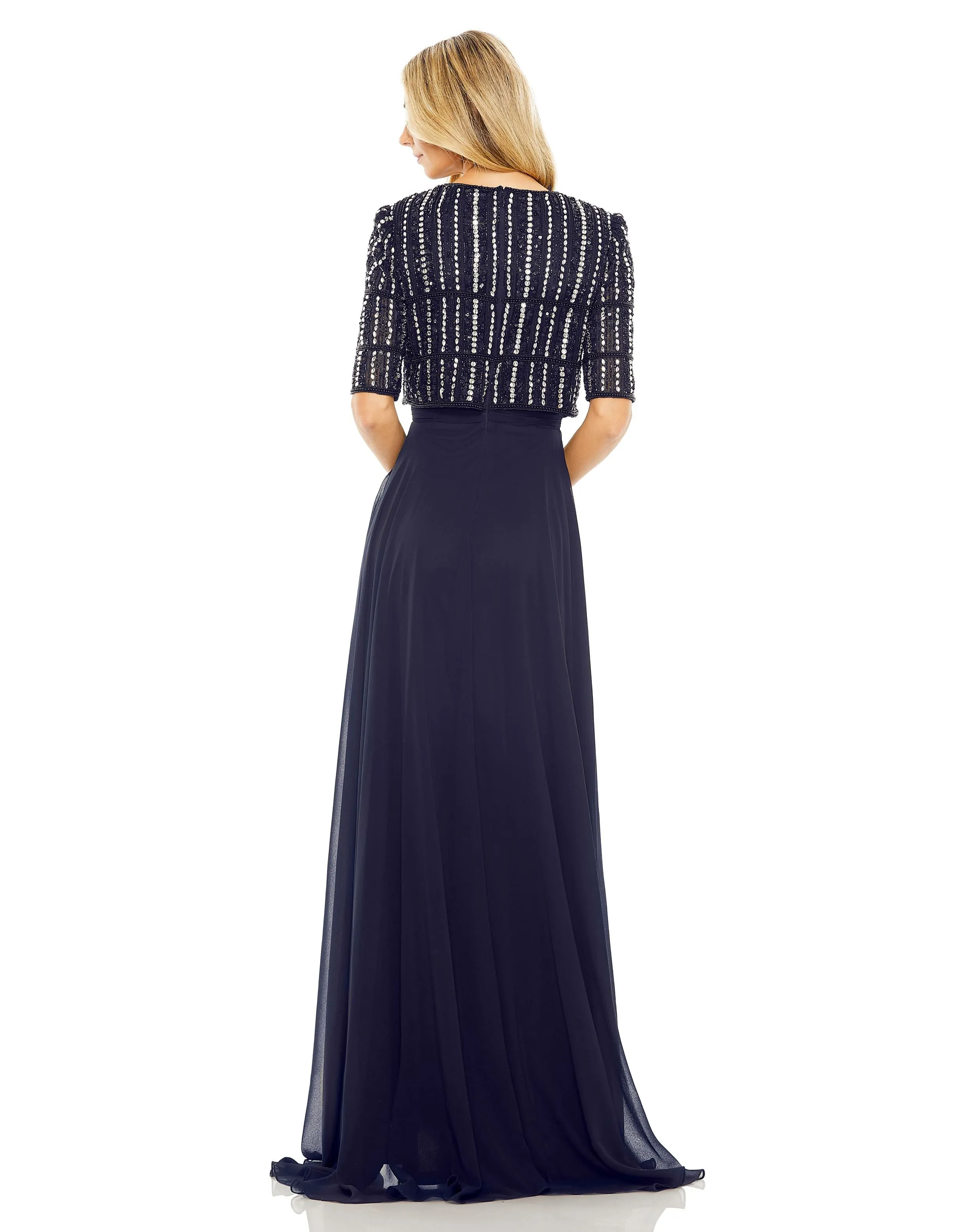 Elegant Fully Beaded 3/4 Sleeve Chiffon Gown with Exquisite Detail