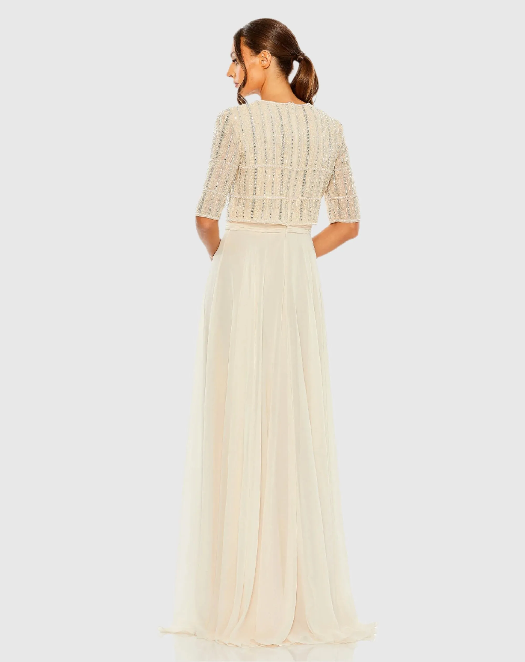 Elegant Fully Beaded 3/4 Sleeve Chiffon Gown with Exquisite Detail