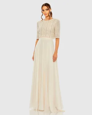 Elegant Fully Beaded 3/4 Sleeve Chiffon Gown with Exquisite Detail