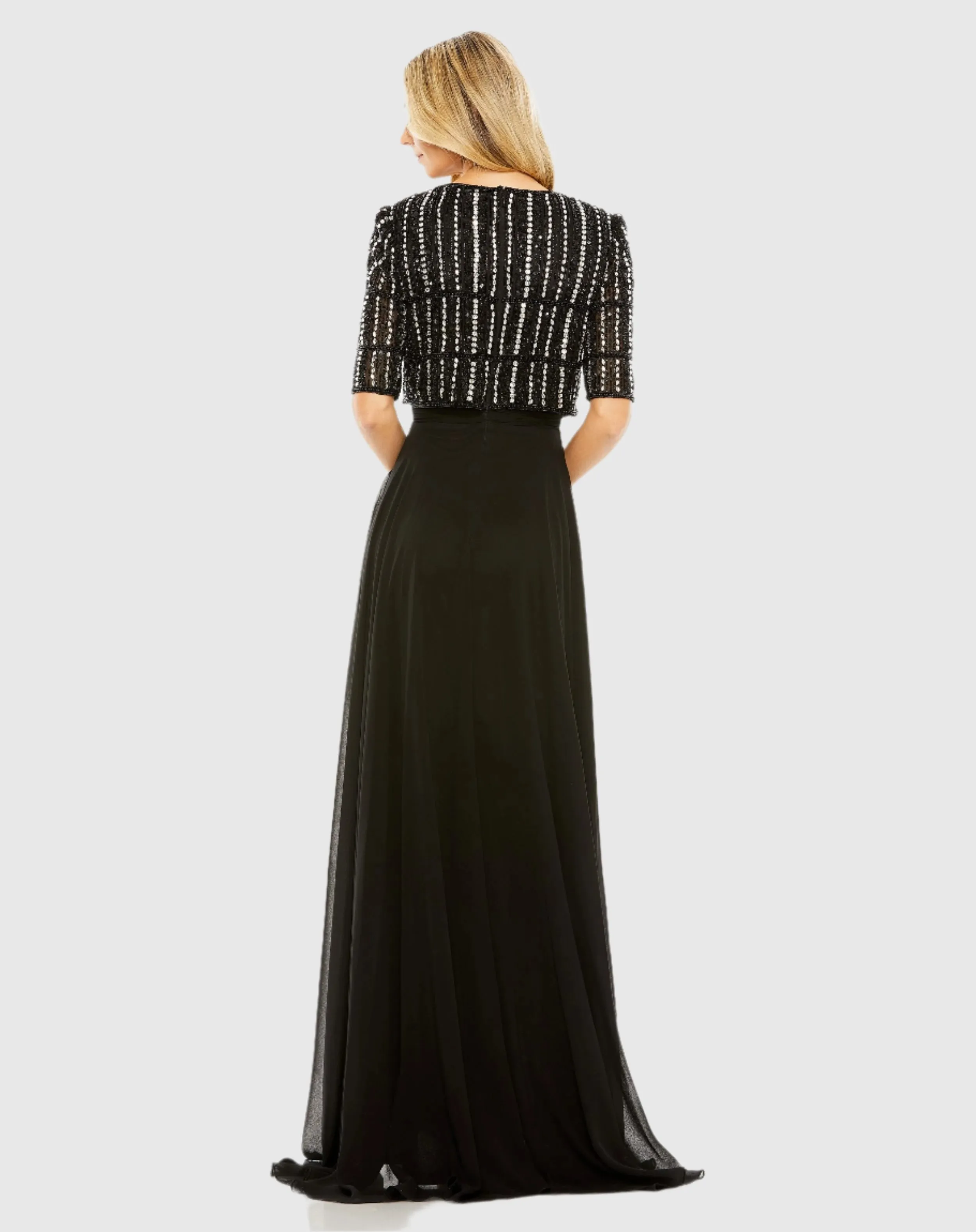 Elegant Fully Beaded 3/4 Sleeve Chiffon Gown with Exquisite Detail