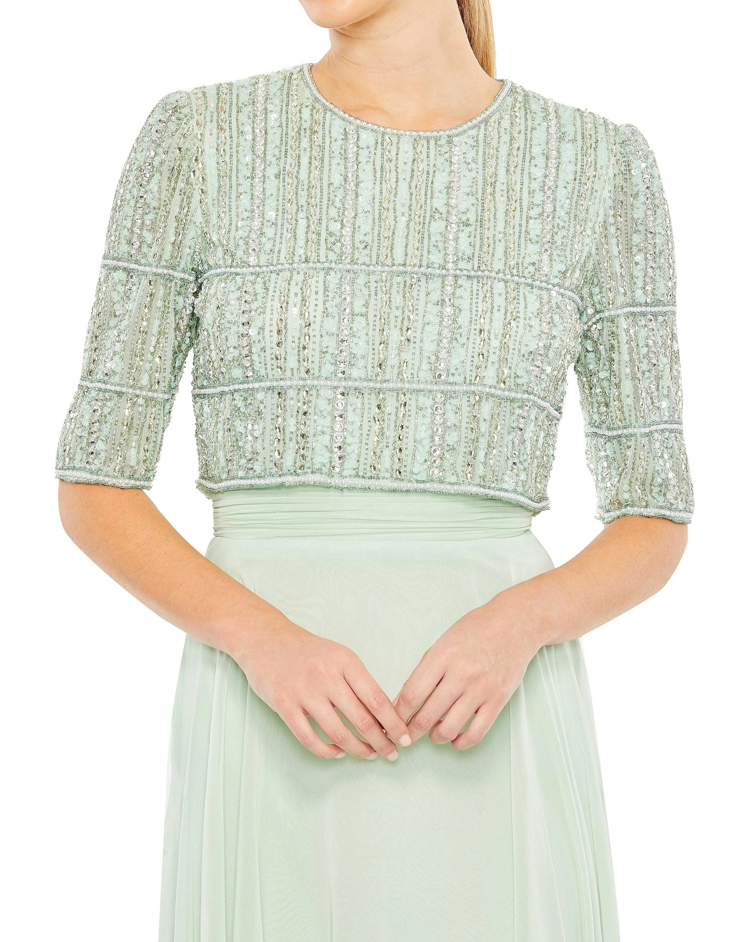 Elegant Fully Beaded 3/4 Sleeve Chiffon Gown with Exquisite Detail
