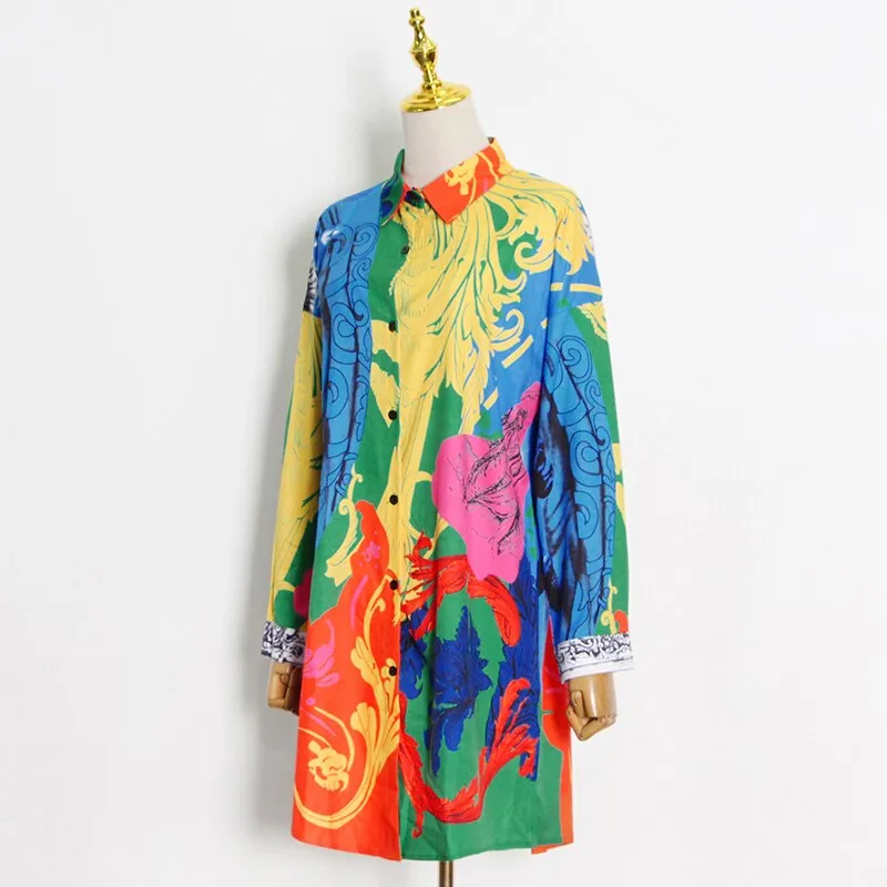 deanwangkt Patterned Shirts For Women Colorblock Loose Plus Size Lapel Long Sleeve Bohemian Style Blouses Female  Clothing