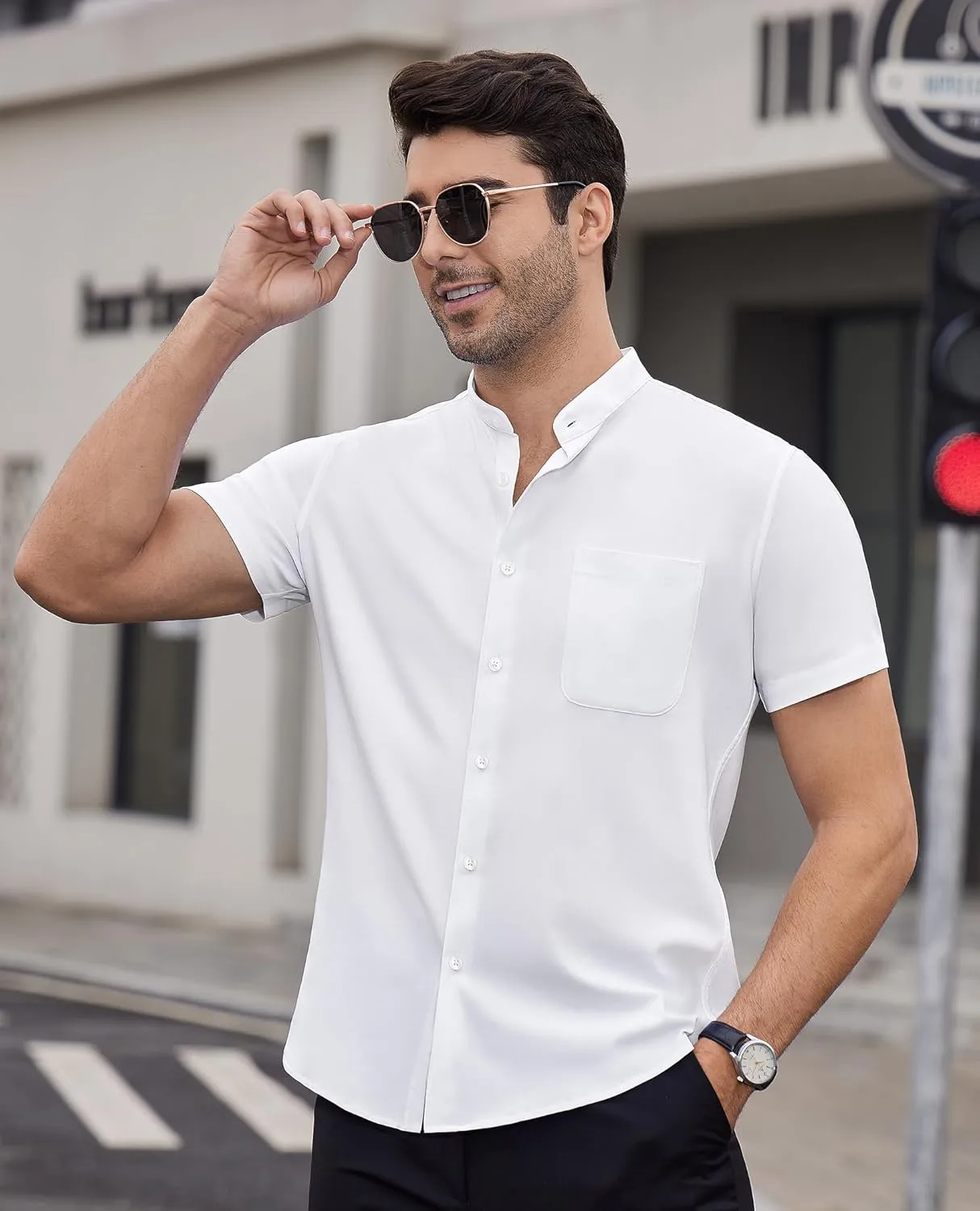 DEMEANOR Mens Banded Collar Dress Shirts Short Sleeve Stretch Collarless Dress Shirts for Men Casual Button Down Shirts