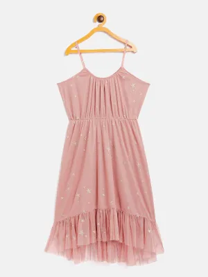 Girls Dusty Pink Mesh Lurex Strappy High Low Dress