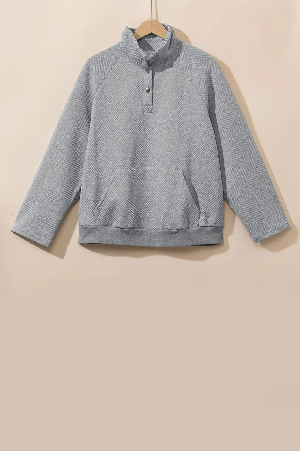 Light Grey Textured Snap Buttons Pullover Plus Size Sweatshirt