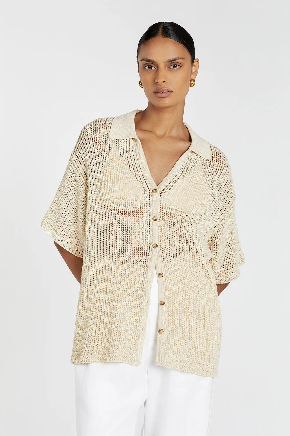 MARGOT WHEAT KNIT CROCHET SHIRT