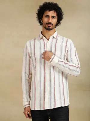 Off White Striped Slim Fit Casual Shirt | JadeBlue