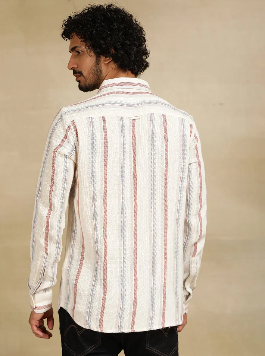 Off White Striped Slim Fit Casual Shirt | JadeBlue