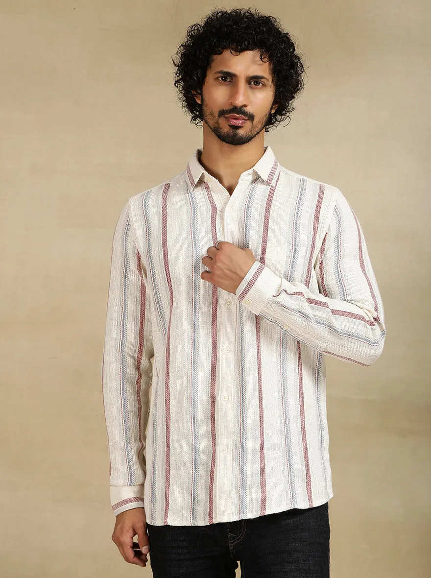 Off White Striped Slim Fit Casual Shirt | JadeBlue