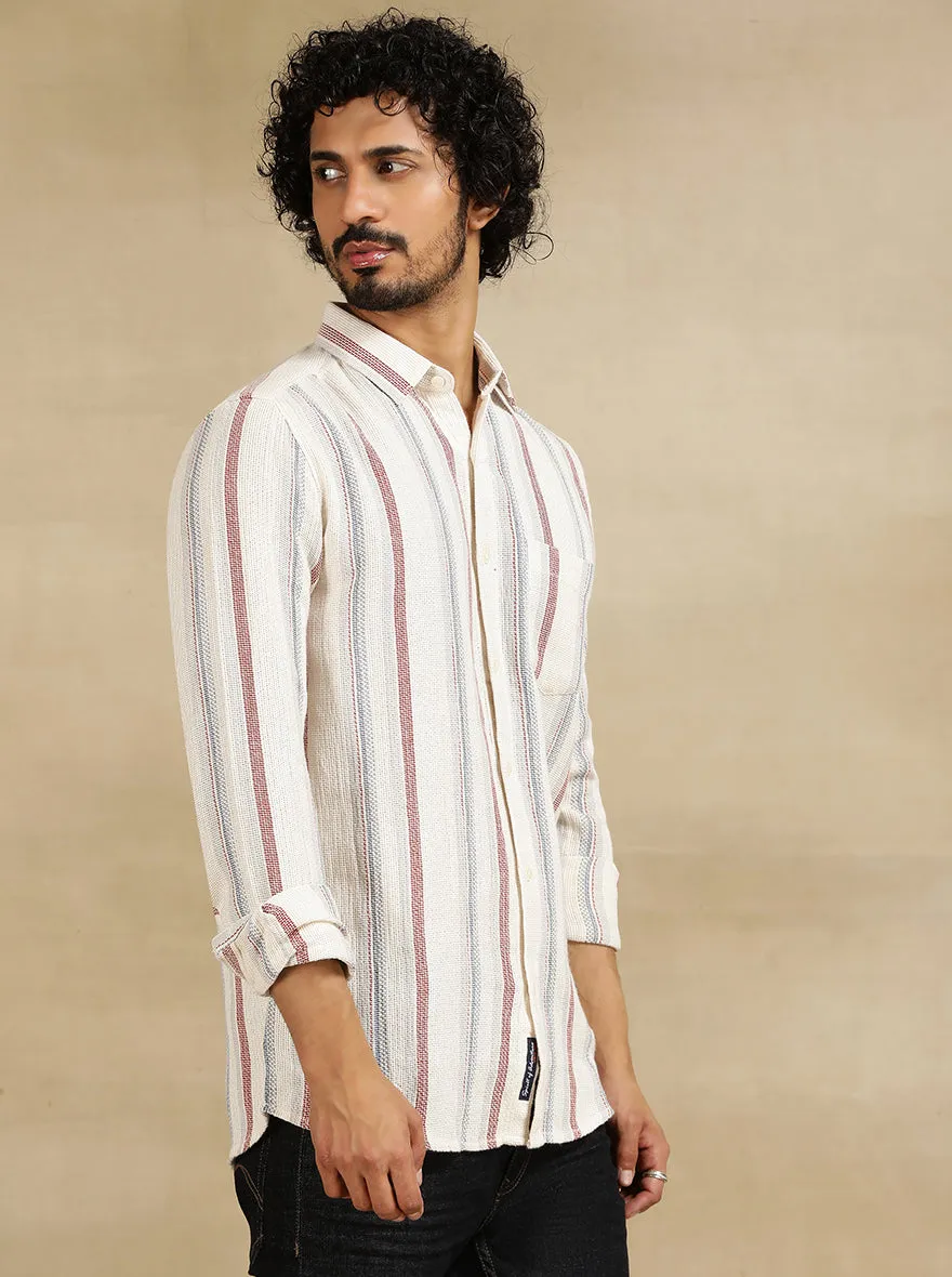 Off White Striped Slim Fit Casual Shirt | JadeBlue