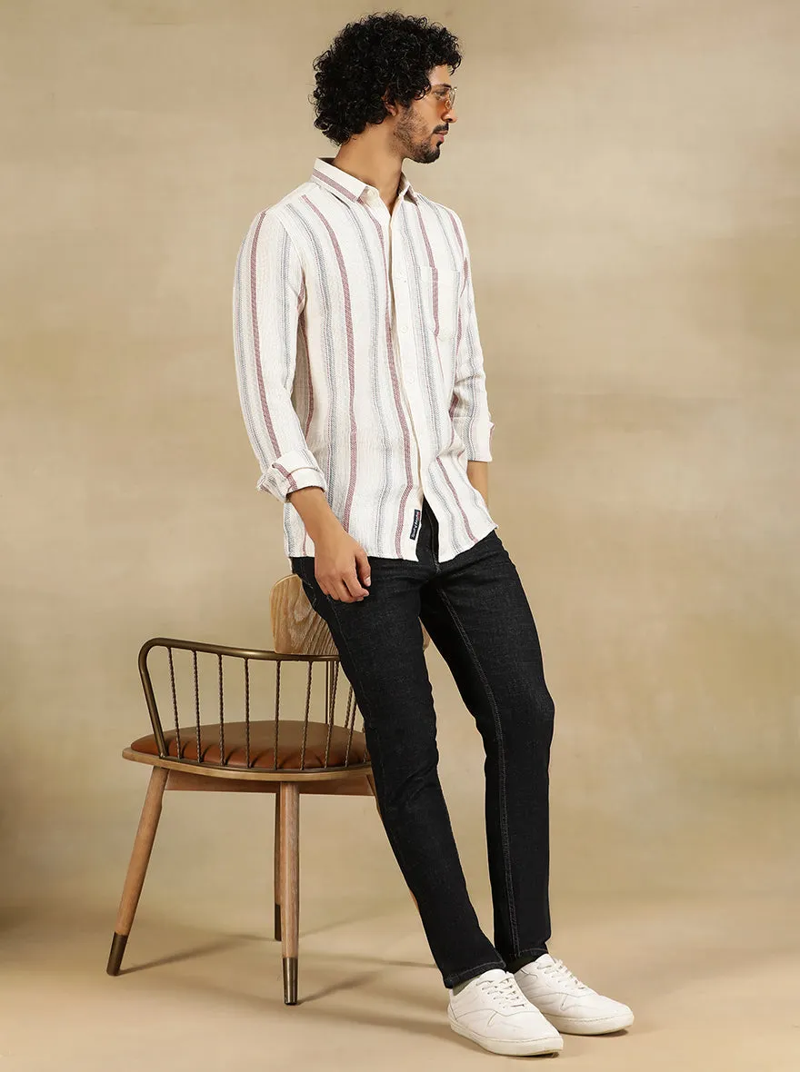 Off White Striped Slim Fit Casual Shirt | JadeBlue