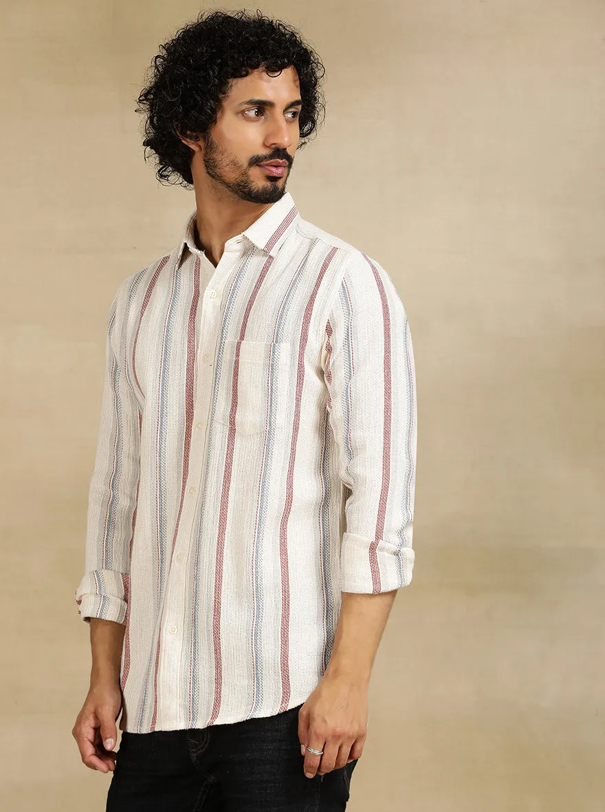 Off White Striped Slim Fit Casual Shirt | JadeBlue