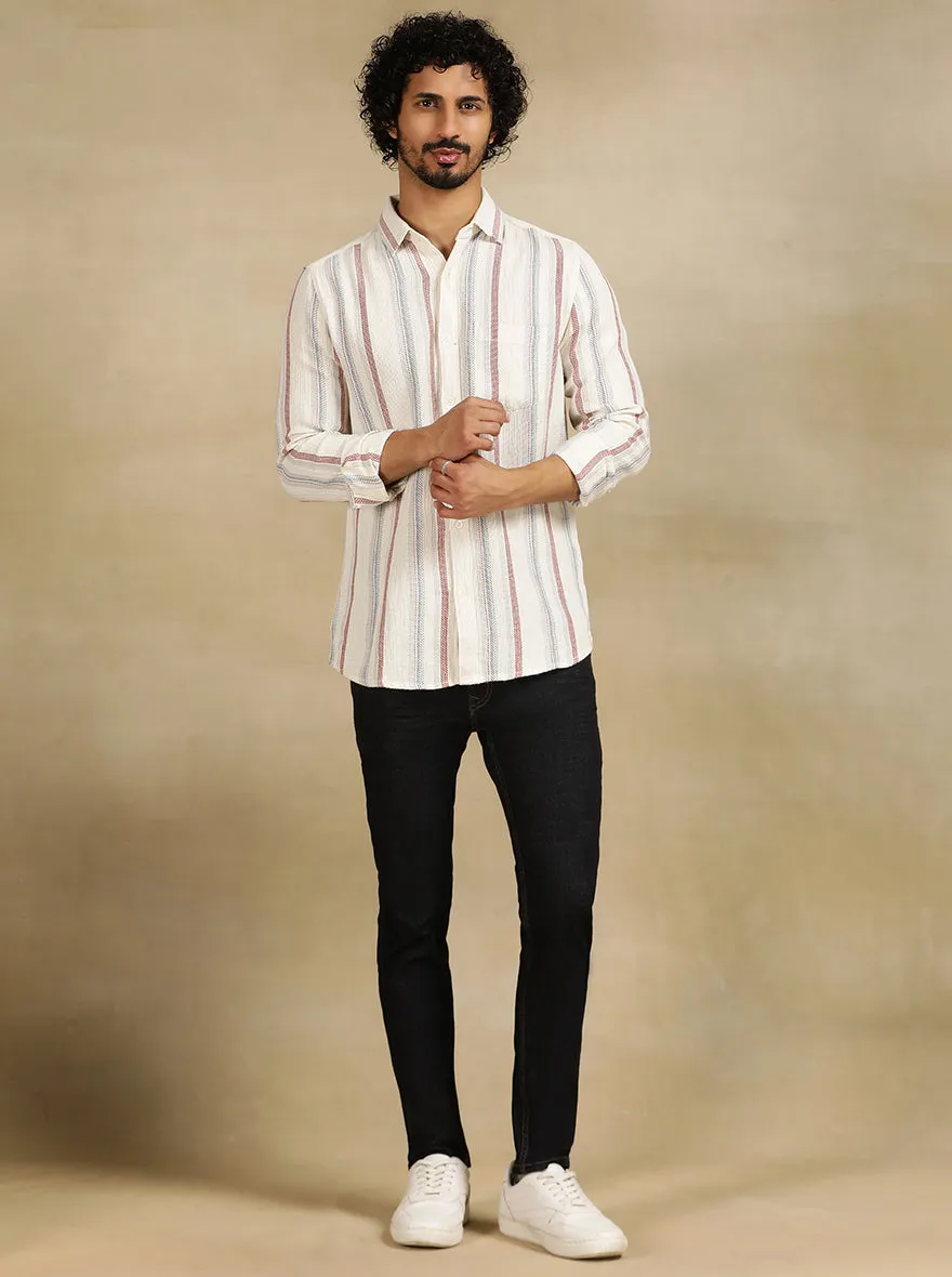Off White Striped Slim Fit Casual Shirt | JadeBlue