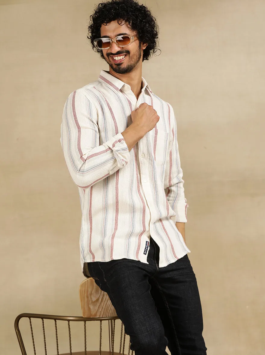 Off White Striped Slim Fit Casual Shirt | JadeBlue