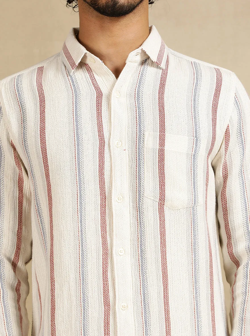 Off White Striped Slim Fit Casual Shirt | JadeBlue
