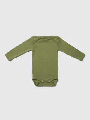 organic merino wool and silk long-sleeved onesie in green - baby/toddler