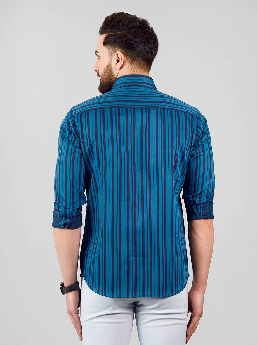 Pacific Green & Navy Blue Striped Slim Fit Evening Wear Shirt | Metal