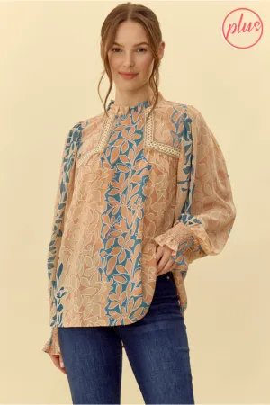 Peach Plus Plant Print Top